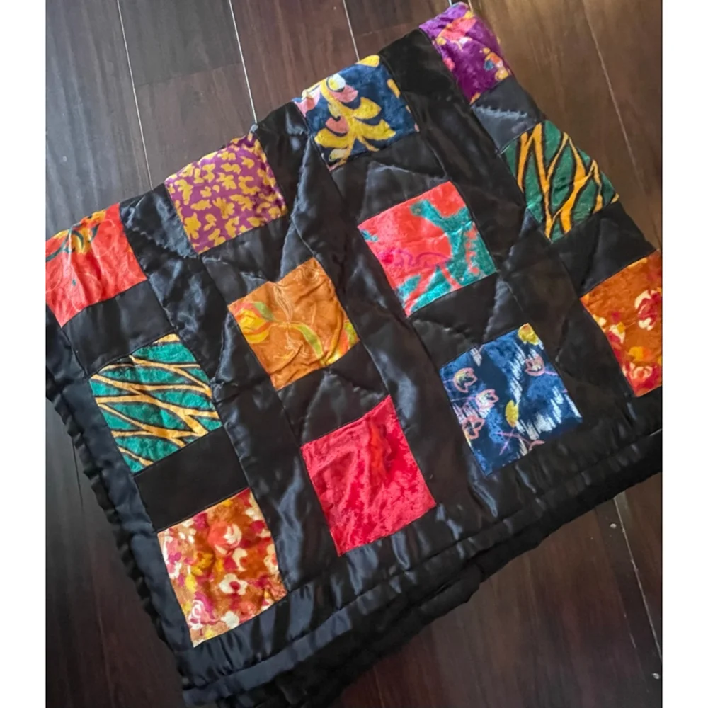 Vintage 60s Boho Patchwork Velvet Quilt Throw + Pillow Sham India Decor